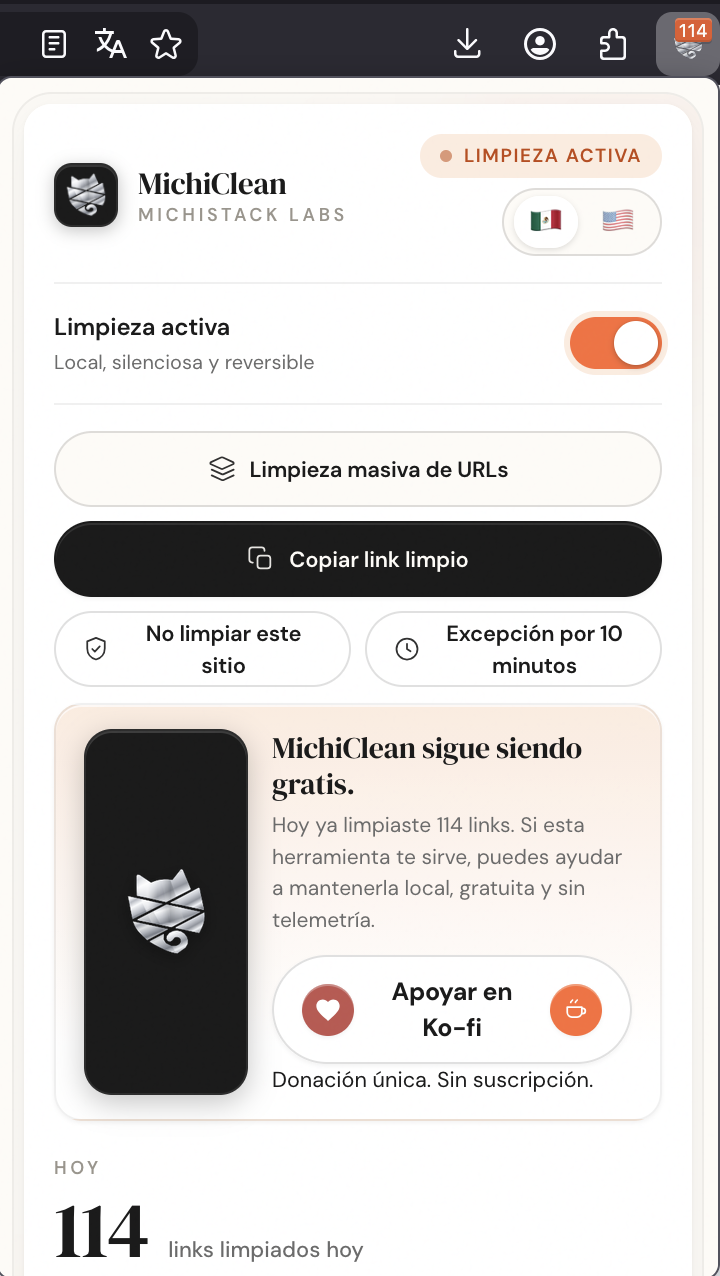 Panel principal de MichiClean en español con estado de limpieza en tiempo real y contador de enlaces limpiados