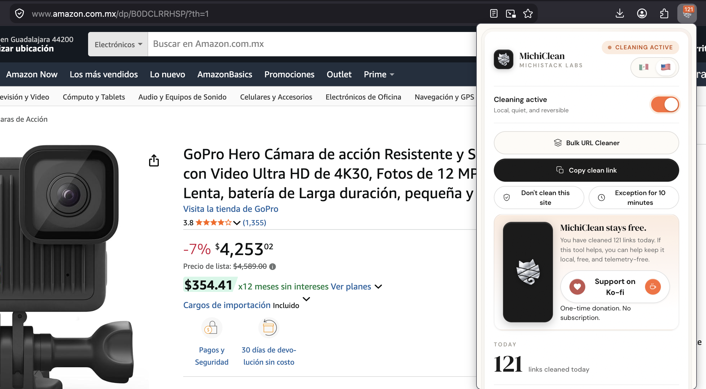 Limpieza activa sobre una página de producto de Amazon con URL canónica en inglés