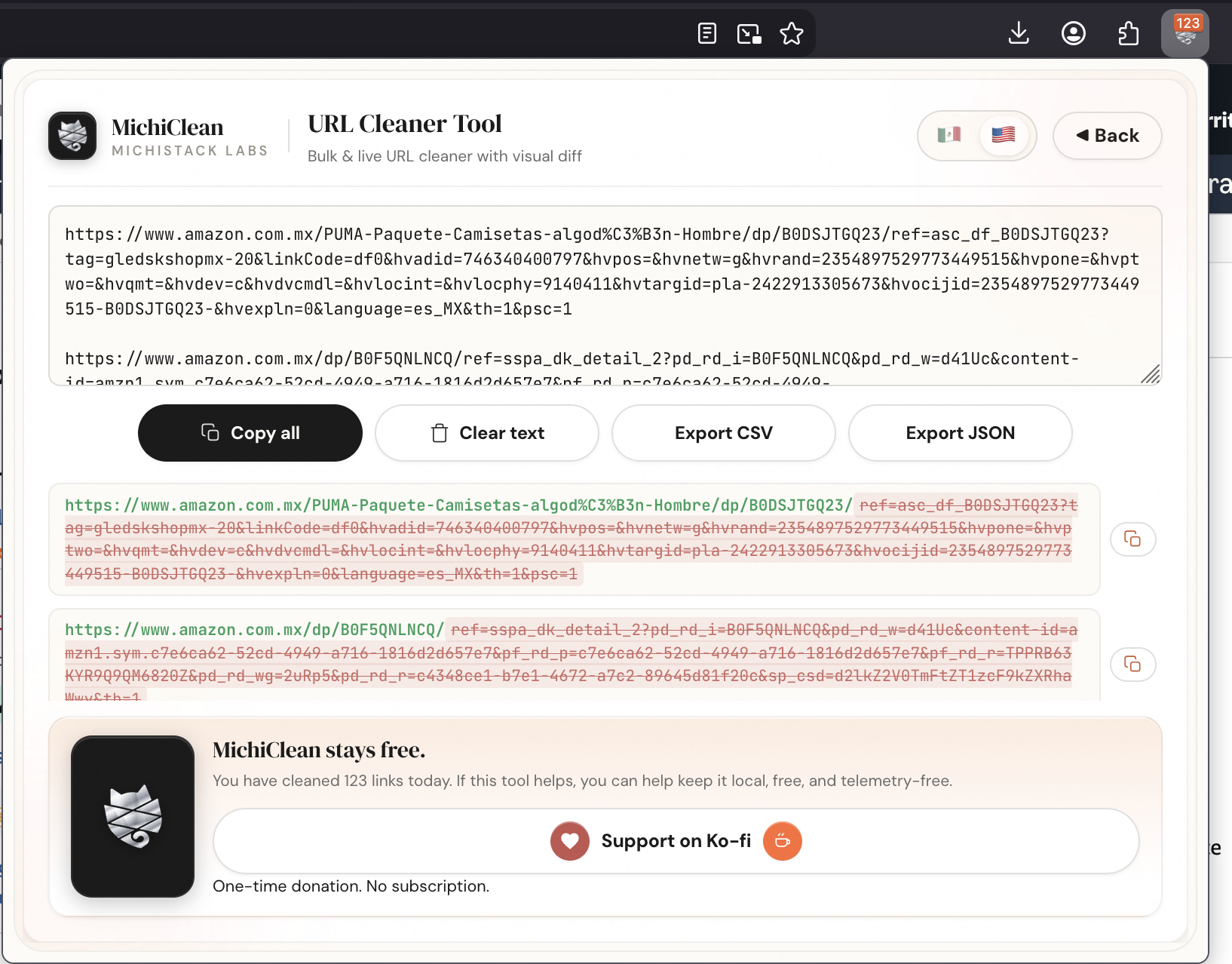 Herramienta de limpieza masiva con diff visual y exportación CSV/JSON en inglés